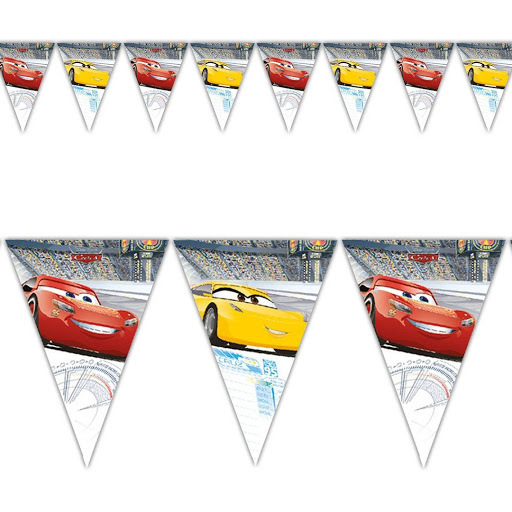 ALMACENESADAN 2373 banderines Disney Cars; Producto de plático; Dimensiones del banderín 23x29 cm; Dimension Total 2,3 Metros lineales 